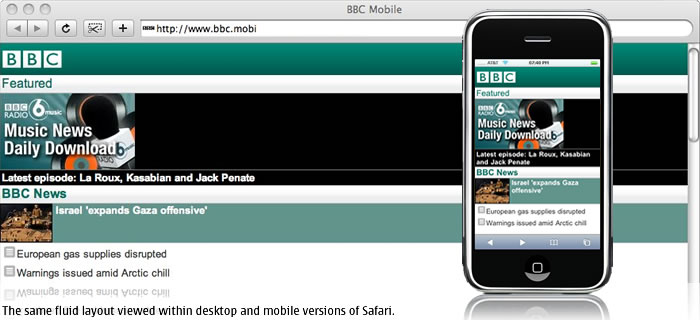 The same fluid layout viewed within desktop and mobile versions of Safari.