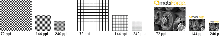 Illustration showing a simulation of images viewed on 72, 144 and 240 ppi (pixels-per-inch) screen resolutions.