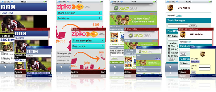Screenshots of the BBC, Zipiko, XBox and UPS mobile sites.